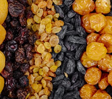 Top view assortment dried fruits apricots raisins cherries cherry plums 360x320